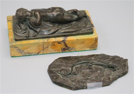 Bronze model of a lizard on naturalistic base and a 19C Italian bronze of a sleeping child after Duquesnoy